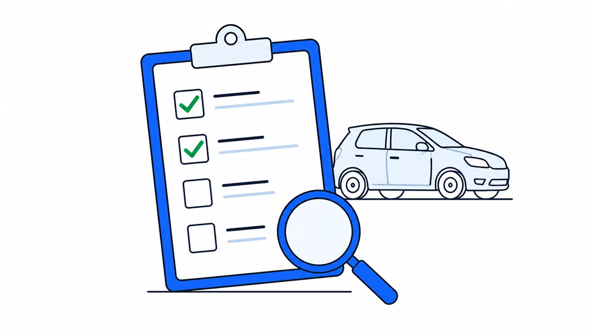Lista de verificación con lupa frente a un carro usado