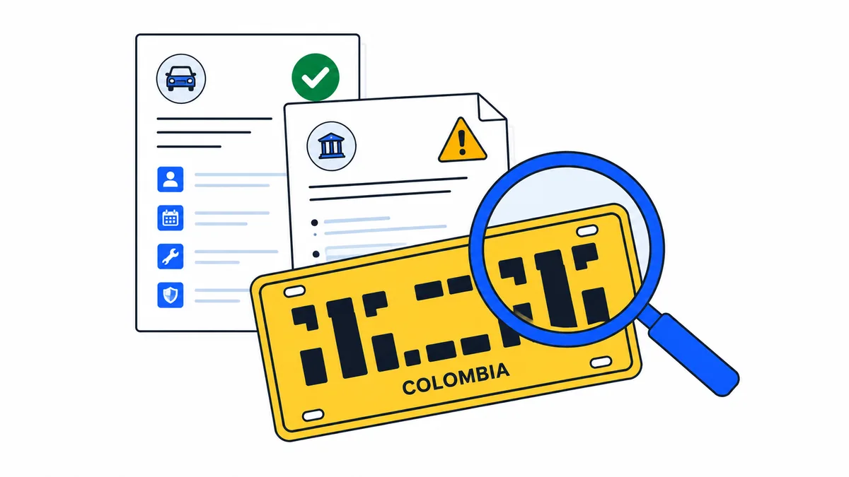 Placa de vehículo colombiana bajo una lupa junto a documentos de verificación