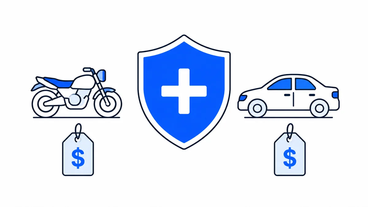 Escudo del SOAT entre una moto y un carro con etiquetas de precio idénticas