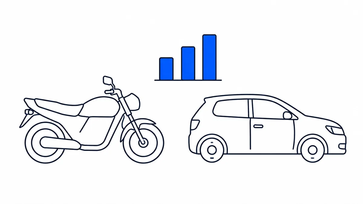Moto y carro de perfil junto a un gráfico comparativo de especificaciones